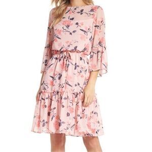 NEW Eliza J blush pink floral print half‎ sleeve chiffon mini dress, 8